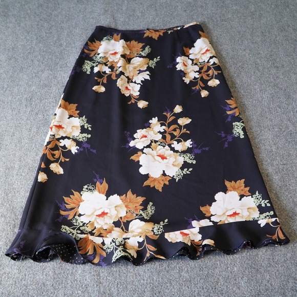 Dresses & Skirts - Dark Floral Print Midi Skirt Ruffle Hem Polka Dot Lined Vintage Style REVERSIBLE